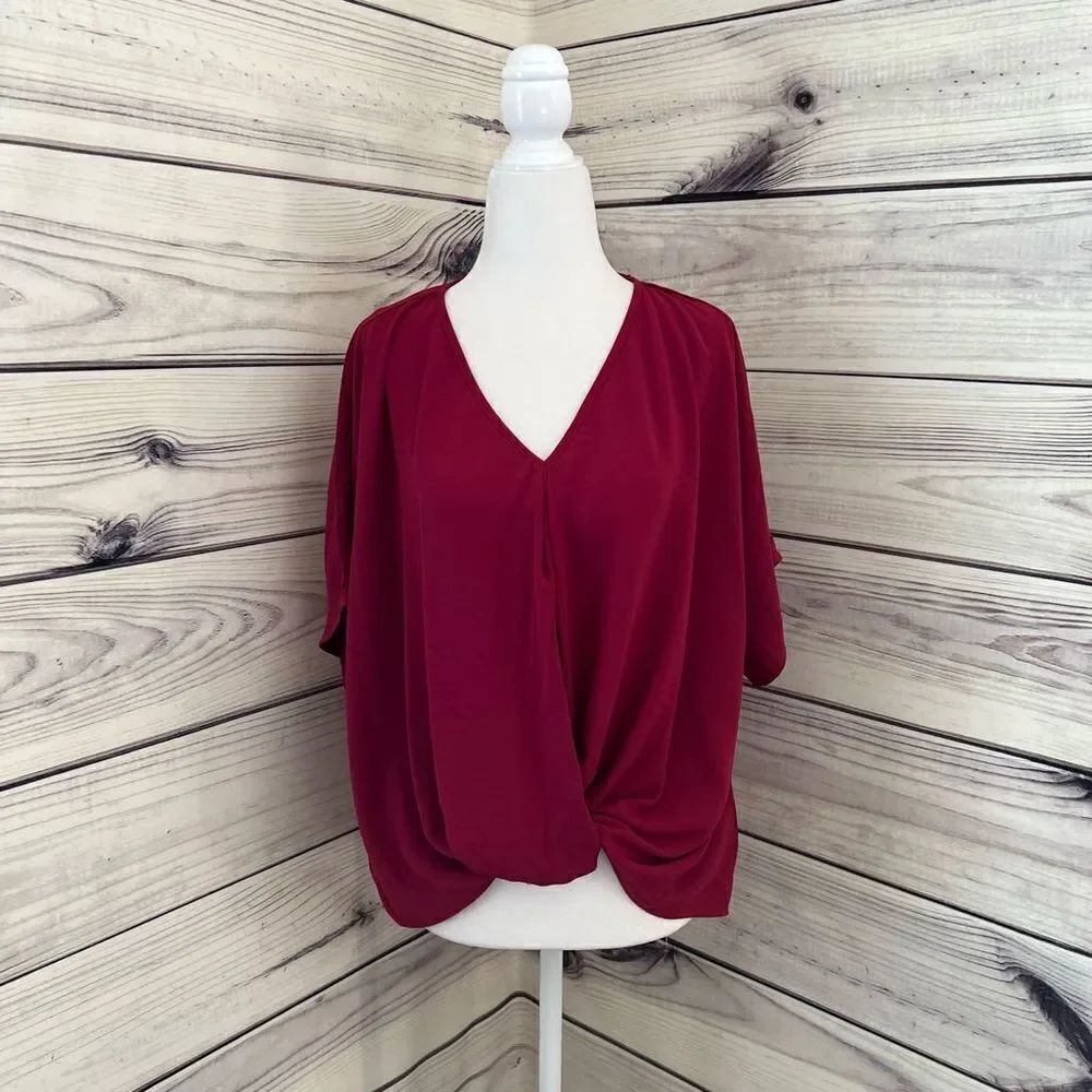 Aina Be Berry Red Short Dolman Sleeve Twist Front Top
